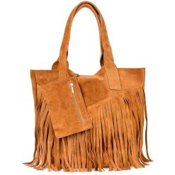 Shopperka boho skórzana VERA PELLE L83 camelowa. Brązowe torebki klasyczne damskie z materiału, zamszowe, bez dodatków. Za 135.99 zł.