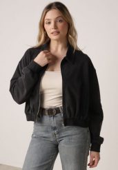 Czarna Bawełniana Bluza Bomberka o Kroju Oversize z Kołnierzem Viminala. Czarne bluzy damskie Born2be, m, bez wzorów, z bawełny, bez kaptura. Za 149.99 zł.