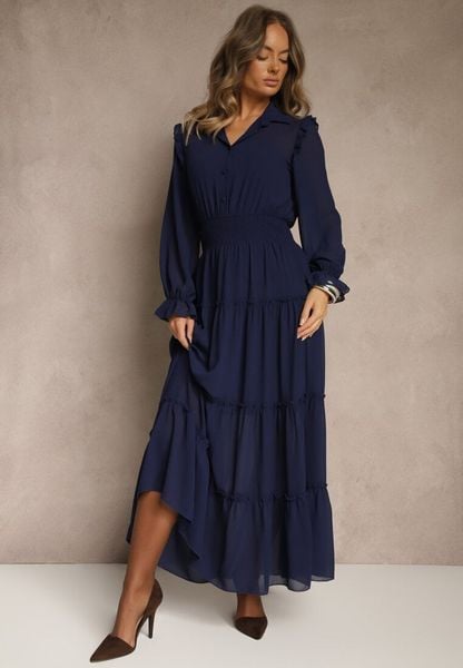 Granatowa Sukienka VICES Koszulowa z Falbaną w Rustykalnym Stylu Arivite. Niebieskie sukienki damskie Renee, bez wzorów, bez ramiączek. Za 139.99 zł.