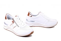 RIEKER REMONTE D0T04-80 white combiantion, półbuty damskie. Białe półbuty damskie Rieker Remonte, bez wzorów, ze skóry, bez obcasa, na koturnie, bez zapięcia. Za 419.90 zł.