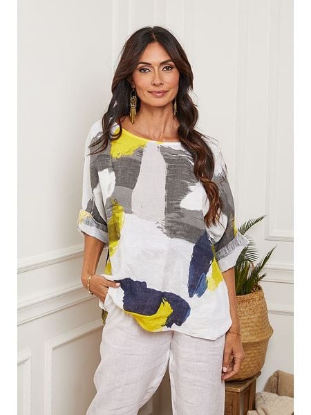 La Compagnie Du Lin Lniana bluzka "Kirk" w kolorze białym ze wzorem rozmiar: S. Białe bluzki damskie La Compagnie Du Lin, s, bez wzorów, ze lnu, bez kołnierzyka, bez ramiączek. Za 96.83 zł.