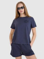 4F T-shirt regular z nadrukiem damski - szary M. Szare t-shirty damskie 4F, m, bez wzorów, z bawełny, bez kołnierzyka. W wyprzedaży za 39.99 zł.
