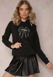 Czarna Bluza Wykończona Polarem z Nadrukiem i Kapturem Nimba. Czarne bluzy damskie Renee, l, bez wzorów, z bawełny. Za 79.99 zł.