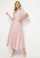 Różowa Wiskozowa Sukienka z Lnem o Rozkloszowanym Kroju z Paskiem z Klamerką Linalin. Czerwone sukienki damskie Born2be, bez wzorów, z wiskozy, eleganckie, bez ramiączek. W wyprzedaży za 127.49 zł.