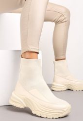 Beżowe Botki na Platformie ze Skarpetkową Cholewką Arel. Brązowe botki damskie Renee, eleganckie, bez obcasa, na platformie, bez zapięcia. Za 24.99 zł.