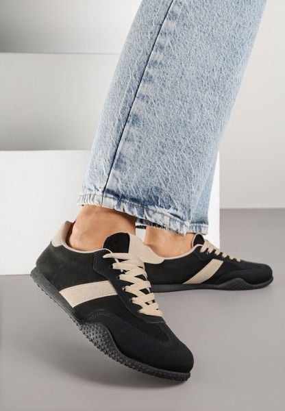 Czarno-Beżowe Sneakersy Ozdobione Tłoczeniem Halennesa. Czarne obuwie sportowe damskie Renee, z jeansu, bez zapięcia. Za 89.99 zł.