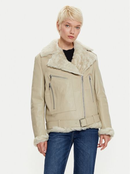 Boss Kurtka skórzana 50524016 Écru Regular Fit. Kurtki damskie Boss, bez wzorów, ze skóry, bez kaptura. Za 1,679.00 zł.