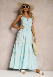 Jasnoniebieska Sukienka Zapinana na Guziki na Ramiączkach z Gumką w Talii i Falbanką Tiamalia. Niebieskie sukienki damskie Renee, bez wzorów, eleganckie, bez ramiączek. W wyprzedaży za 39.99 zł.
