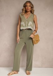 Zielone Wiskozowe Spodnie High Waist o Prostym Fasonie Saliella. Zielone spodnie materiałowe damskie Renee, bez wzorów, z jeansu. Za 39.99 zł.