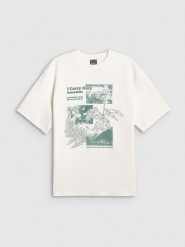 4F T-shirt loose z nadrukiem damski - biały L. Białe t-shirty damskie 4F, l, bez wzorów, z dzianiny, bez kołnierzyka. Za 79.99 zł.