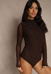 Brązowe Body Longsleeve ze Stójką z Siateczki z Domieszką Wiskozy Liravia. Brązowe body i gorsety Renee, bez wzorów, z jeansu. Za 99.99 zł.