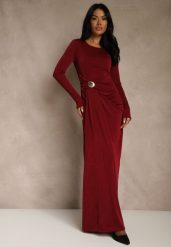 Bordowa Marszczona Sukienka Koktajlowa Zdobiona Aplikacją w Talii Siweda. Czerwone sukienki damskie Renee, z aplikacjami, z futra, klasyczne, bez ramiączek. Za 129.99 zł.