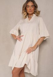 Beżowa Rozkloszowana Sukienka z Wiskozą i Falbanami Eviranna. Brązowe sukienki damskie Renee, bez wzorów, z wiskozy, eleganckie, bez ramiączek. W wyprzedaży za 67.99 zł.