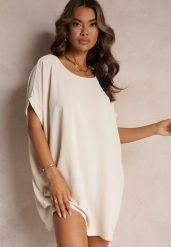 Beżowa Sukienka Mini o Fasonie Nietoperza z Okrągłym Dekoltem Maglia. Brązowe sukienki damskie Renee, bez wzorów, bez ramiączek. W wyprzedaży za 55.99 zł.