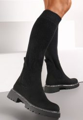 Czarne Kozaki w Cyrkonie z Elastyczną Cholewką przed Kolano Jeanlli. Czarne kozaki damskie Renee, z wełny, przed kolano, bez obcasa, na obcasie, bez zapięcia. Za 149.99 zł.