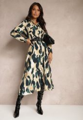 Zielono-Beżowa Wzorzysta Sukienka o Koszulowym Kroju z Paskiem z Plecionki Mirirani. Zielone sukienki damskie Renee, bez wzorów, z materiału, eleganckie, bez ramiączek. W wyprzedaży za 99.99 zł.