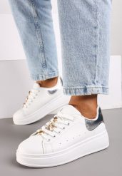 Biało-Srebrne Sneakersy na Grubej Podeszwie z Metalicznymi Aplikacjami Vlianora. Białe obuwie sportowe damskie Born2be, z materiału, bez zapięcia. Za 49.99 zł.