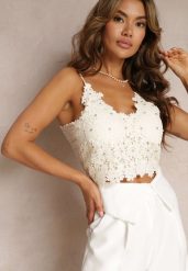 Beżowa Koronkowa Bluzka Top na Ramiączkach z Cyrkoniami i Głębokim Dekoltem Beverine. Brązowe bluzki damskie Renee, l, bez wzorów, z bawełny, eleganckie, bez kołnierzyka, bez ramiączek. Za 74.99 zł.