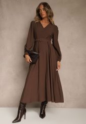 Brązowa Rozkloszowana Sukienka z Wiskozy z Paskiem ze Sprzączką Orille. Brązowe sukienki damskie Renee, bez wzorów, z materiału, bez ramiączek. Za 159.99 zł.