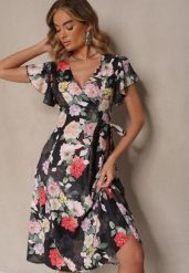 Czarna Kopertowa Sukienka w Kwiaty Atesalia. Czarne sukienki damskie Renee, bez wzorów, eleganckie, bez ramiączek. W wyprzedaży za 91.99 zł.