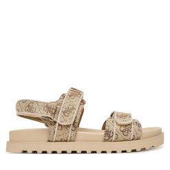 Sandały Guess. Brązowe sandały damskie Guess, z aplikacjami, bez obcasa, na płaskiej podeszwie, bez zapięcia. Za 499.99 zł.