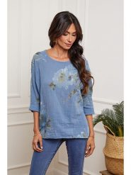 Fleur de Lin Bluzka "Johnson" w kolorze niebieskim rozmiar: XL. Niebieskie bluzki damskie Fleur de Lin, xl, bez wzorów, z bawełny, bez kołnierzyka, bez ramiączek. Za 105.38 zł.