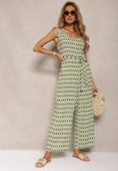 Zielony Taliowany Kombinezon z Wiskozy na Ramiączkach Wiązany w Talii Seadia. Zielone sukienki damskie Renee, bez wzorów, z materiału, eleganckie, bez ramiączek. W wyprzedaży za 75.99 zł.