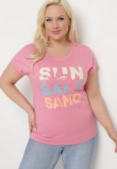 Różowa Bluzka T-shirt z Napisem na Przodzie Vanneli. Czerwone bluzki damskie Born2be, l, z aplikacjami, bez kołnierzyka. Za 39.99 zł.