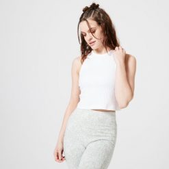 Koszulka bez rękawów damska Domyos Gym & Pilates 520 crop top. Brązowe koszulki damskie NYAMBA, xl, bez wzorów, z bawełny, bez kołnierzyka, bez ramiączek. W wyprzedaży za 29.99 zł.