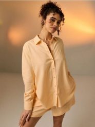 Koszula z domieszką lnu - pomarańczowy. Brązowe koszule damskie Sinsay, l, bez wzorów, bez kołnierzyka, bez ramiączek. Za 39.99 zł.