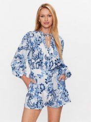 Guess Kombinezon Zaren W3GD88 WCWA0 Niebieski Relaxed Fit. Niebieskie sukienki damskie Guess, z aplikacjami, ze lnu, bez ramiączek. Za 639.99 zł.