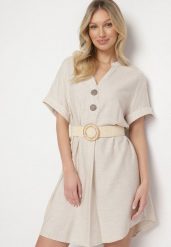 Jasnobeżowa Bawełniana Sukienka o Prostym Kroju z Krótkim Rękawem i Guzikami Elaniwen. Brązowe sukienki damskie Born2be, bez wzorów, z bawełny, eleganckie, bez ramiączek. Za 109.99 zł.