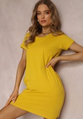 Żółta Sukienka Hyrmiala. Żółte sukienki damskie Renee, bez wzorów, z bawełny, eleganckie, bez ramiączek. W wyprzedaży za 26.99 zł.