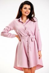 Koszulowa Sukienka z Podpinanym Rękawem - Różowa. Czerwone sukienki damskie Awama, bez wzorów, z elastanu, wizytowe, bez ramiączek. Za 246.90 zł.