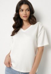 Biały T-shirt z Trójkątnym Dekoltem Foniriela. Białe t-shirty damskie Born2be, l, bez wzorów, z jeansu, bez kołnierzyka. Za 44.99 zł.