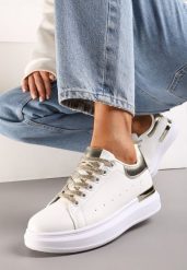 Biało-Złote Sneakersy z Brokatowymi Sznurowadłami i Metaliczną Wstawką na Platformie Vuriama. Białe obuwie sportowe damskie Renee, bez zapięcia. Za 74.99 zł.