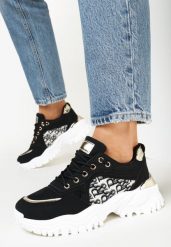 Czarne Sneakersy na Grubej Podeszwie z Wstawkami Sassaria. Czarne obuwie sportowe damskie Born2be, bez zapięcia. Za 99.99 zł.