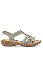 Rieker Sandały 60839-52 Zielony. Zielone sandały damskie Rieker, bez wzorów, bez obcasa, na płaskiej podeszwie, bez zapięcia. Za 289.99 zł.
