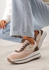 Różowe Sneakersy na Platformie z Tweedowym Zdobieniem i Perforacją Dioseleia. Czerwone obuwie sportowe damskie Renee, z jeansu, bez zapięcia. Za 109.99 zł.