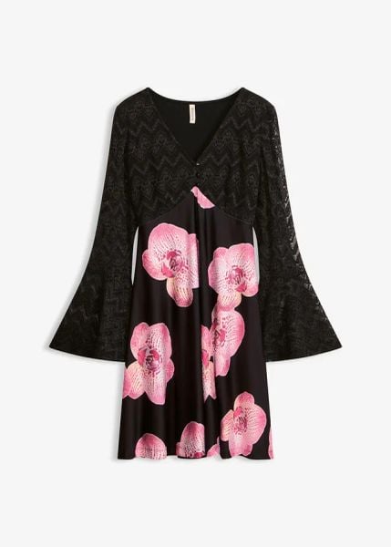 Sukienka z dżerseju z koronką. Czarne sukienki damskie bonprix, bez wzorów, z dżerseju, boho, bez ramiączek. Za 99.99 zł.