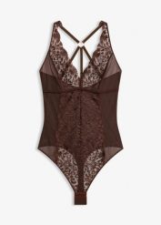 Body ze stringami, bez fiszbinów, ze szlachetnym haftem. Brązowe body i gorsety bonprix, bez wzorów. Za 109.99 zł.
