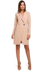 Beżowa Elegancka Żakietowa Sukienka na Jeden Guzik. Brązowe sukienki damskie MOE, bez wzorów, z elastanu, eleganckie, bez ramiączek. Za 273.90 zł.