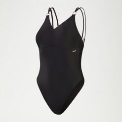 SPEEDO Damski modelujący kostium kąpielowy na ramiączkach, czarny, UK 42. Czarne stroje jednoczęściowe Speedo, bez wzorów, z elastanu. Za 279.25 zł.
