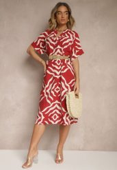 Bordowa Sukienka z Wiskozą Lnem i Geometrycznym Wzorem Sadelive. Czerwone sukienki damskie Renee, bez wzorów, z wiskozy, eleganckie, bez ramiączek. W wyprzedaży za 55.99 zł.
