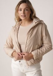 Ciemnobeżowa Kurtka Pikowana z Materiałowym Kapturem Odpinanym Jasilea. Brązowe kurtki damskie Born2be, l, bez wzorów, z materiału. Za 139.99 zł.