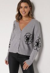 Szary Kardigan na Guziki w Haftowane Kwiaty Tustara. Szare kardigany damskie Born2be, l, bez wzorów, z jeansu. Za 79.99 zł.