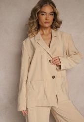 Beżowa Marynarka z Modalu o Pudełkowym Fasonie Oversize z Kieszonkami Maviline. Brązowe marynarki i żakiety damskie Renee, l, bez wzorów. Za 199.99 zł.