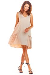 Beżowa Luźna Sukienka bez Rękawów z Falbanką. Brązowe sukienki damskie Awama, bez wzorów, z elastanu, wizytowe, bez ramiączek. Za 215.90 zł.
