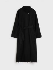 Długi klasyczny płaszcz z paskiem - czarny. Czarne płaszcze damskie Sinsay, l, bez wzorów, bez kaptura. Za 139.99 zł.