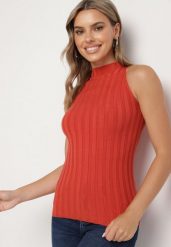 Pomarańczowy Prążkowany Top Golf Bez Rękawów z Wiskozą Ninnola. Brązowe golfy damskie Born2be, m, bez wzorów, z jeansu, bez ramiączek. Za 79.99 zł.